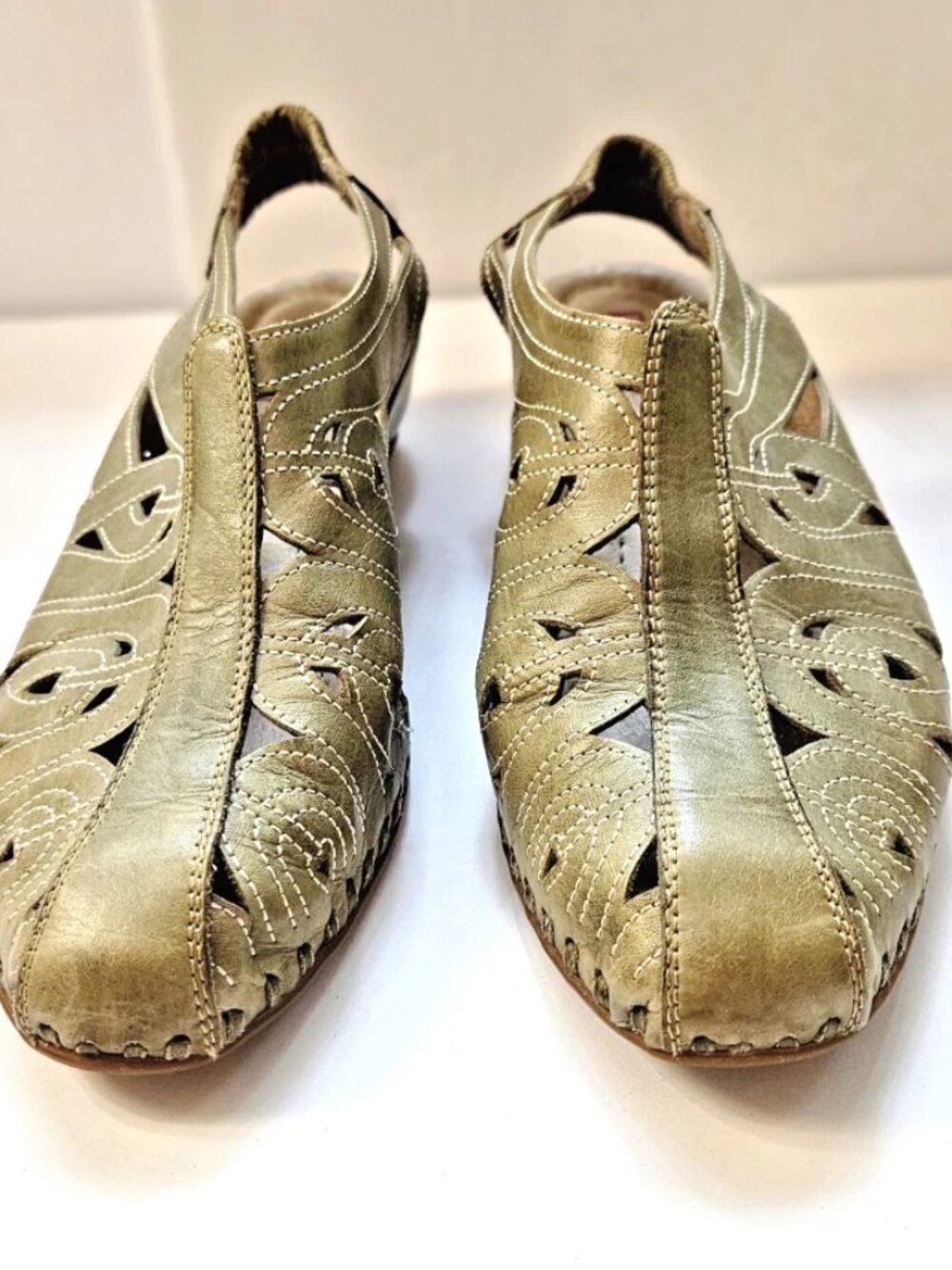 Pikolinos Slingback Green Leather Laser Cut Wedge Sandals Size 10-10.5 EU 41